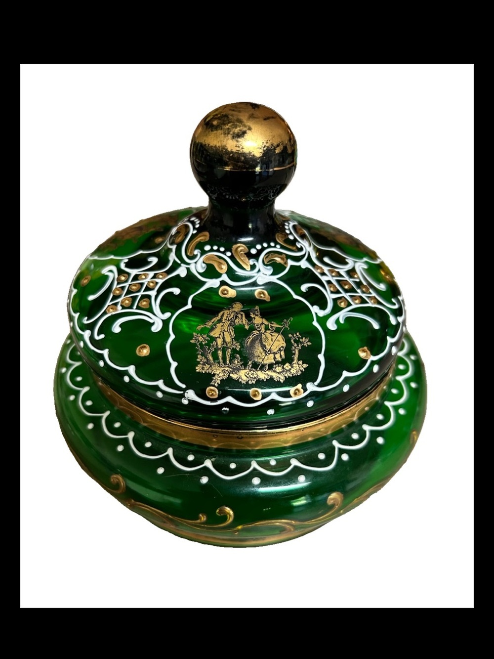 Vintage Italian Vanity Jar Green Gold Art
Glass Dresser Box 5'× 5"